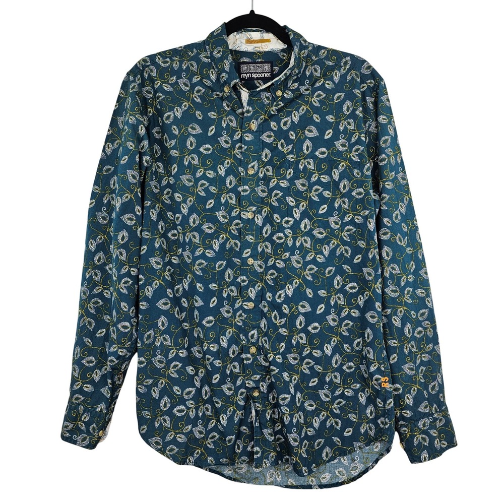 Reyn Spooner Men's Long Sleeve Button Up Shirt Aloha Leaf Print‎ Blue Medium